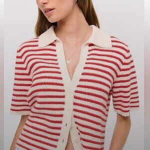 Abercrombie Red & White Striped Short Sleeve Cardigan Sweater | M